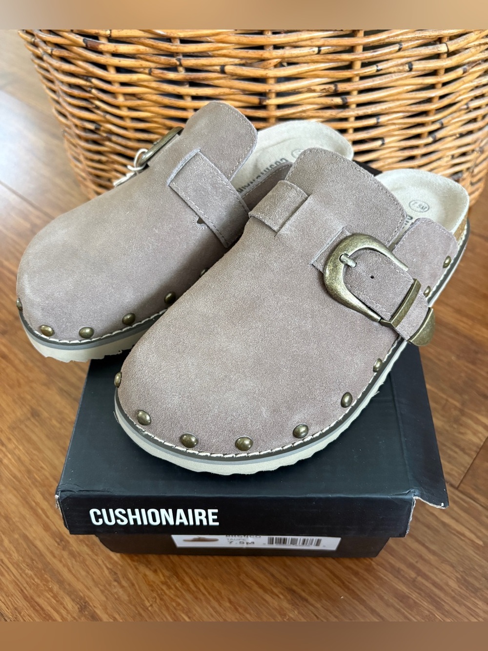NWT! Cushionaire Taupe Suede Slip-On Clog Mule with Buckle and Studs Birky 7.5 - Picture 2 of 10